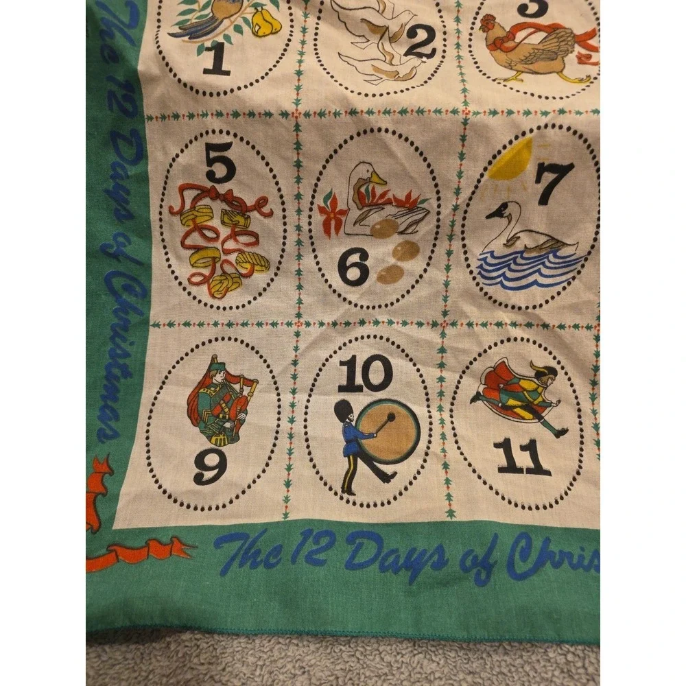 12 Days of Christmas Handkerchief Bandana Table Scarf USA Hank Vintage RN 15187